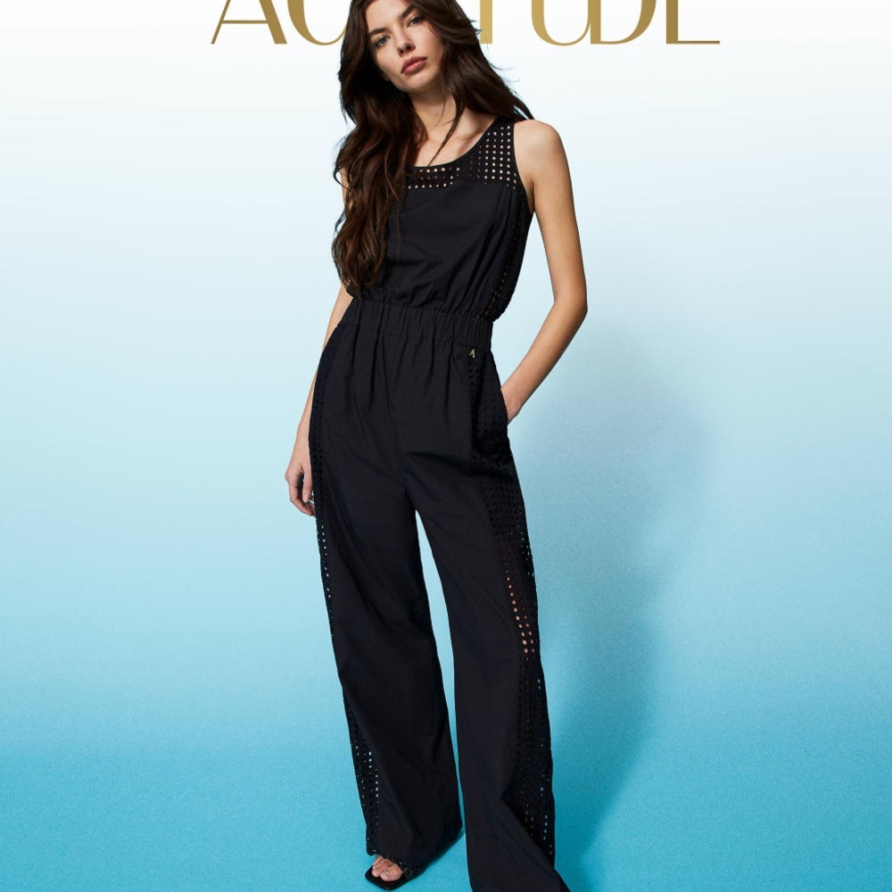 Twin-Set Black Sleeveless Eyelet-Trim Wide-Leg Jumpsuit
